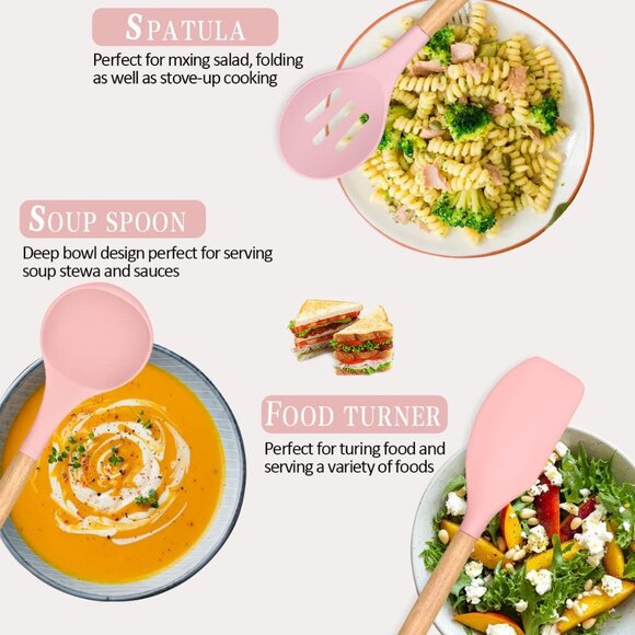 33 pcs Non-Stick Silicone Cooking Kitchen Utensils Spatula Pink Set with Holder - Picture 6 of 9